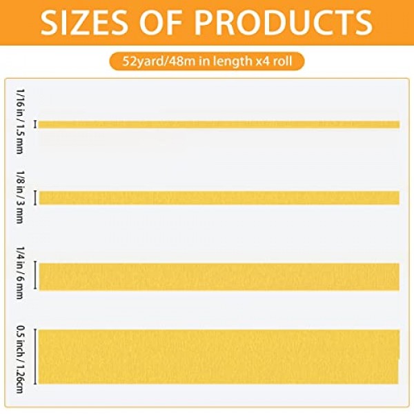 4롤 가는 라인 테이프(노란색), 1/16, 1/8, 1/4 및 1/2인치 폭 x 52야드 길이의 가는 라인 마스킹 테이프, DIY 자동차 자동 페인트 아트용 자동차 마스킹 테이프