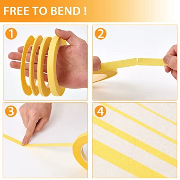 4롤 가는 라인 테이프(노란색), 1/16, 1/8, 1/4 및 1/2인치 폭 x 52야드 길이의 가는 라인 마스킹 테이프, DIY 자동차 자동 페인트 아트용 자동차 마스킹 테이프