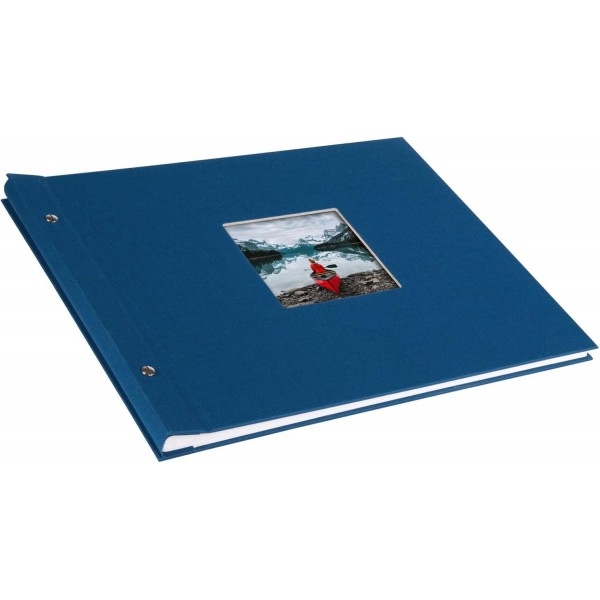 창 컷아웃이 있는 goldbuch 28895 스크류 앨범, Bella Vista, 39 x 31 cm, 글라신지 칸막이가 있는 흰색 40페이지의 사진 앨범, 확장 가능한 앨범, 리넨으로 만든 사진첩, 파란색