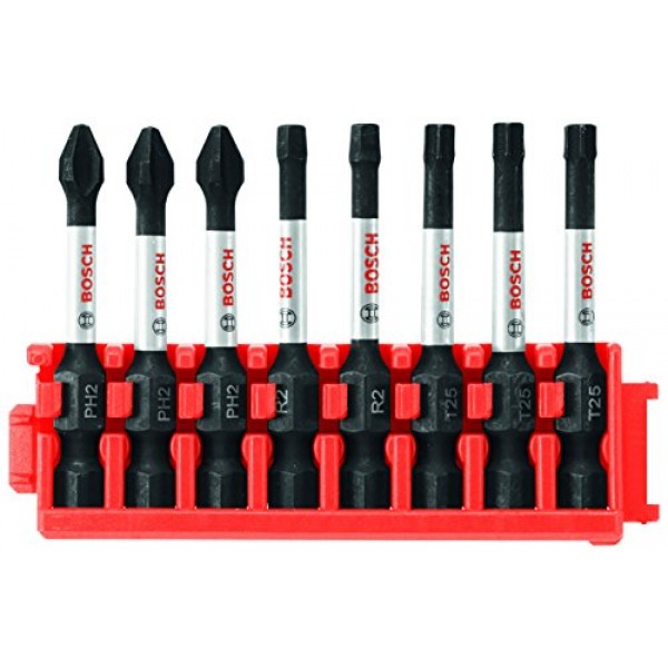 BOSCH CCSV208 8피스 모듬 세트 2인치. 맞춤형 케이스 시스템용 클립이 포함된 Impact Tough Phillips, Square 및 Torx 전원 비트