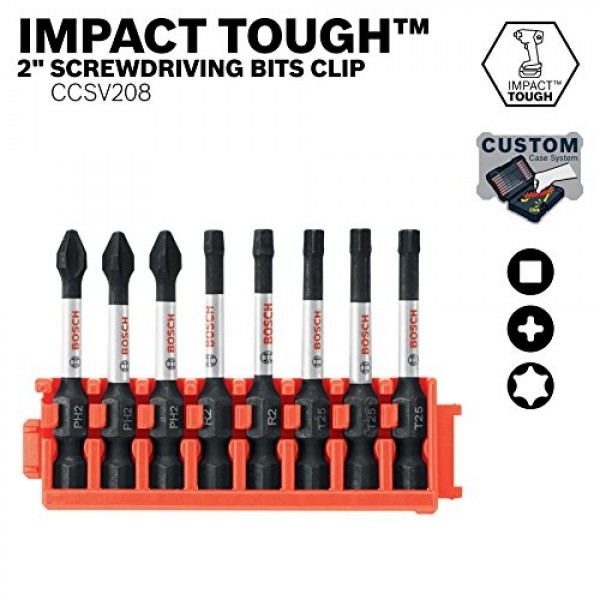 BOSCH CCSV208 8피스 모듬 세트 2인치. 맞춤형 케이스 시스템용 클립이 포함된 Impact Tough Phillips, Square 및 Torx 전원 비트