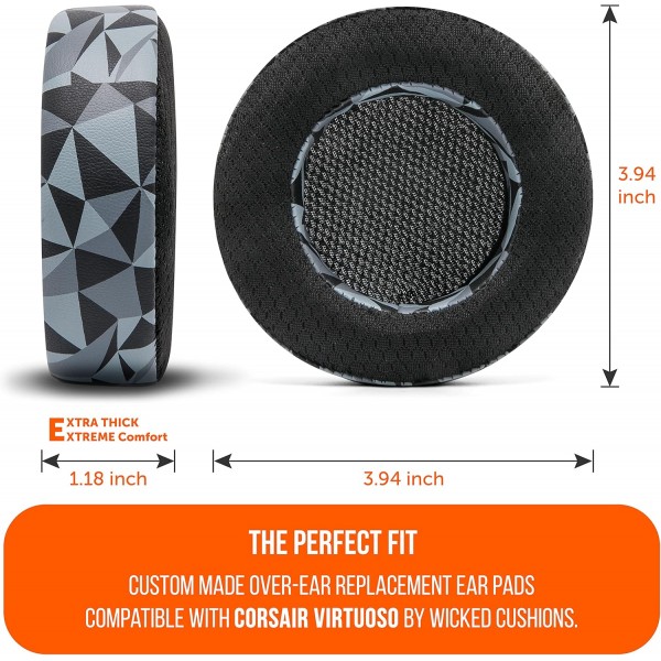 Corsair Virtuoso RGB Wireless, Corsair Virtuoso RGB Wireless XT 및 Corsair Virtuoso Wireless SE | Geo Gray와 호환되는 냉각 젤이 있는 WC Freeze Virtuoso 하이브리드 패브릭 교체용 이어 패드 |