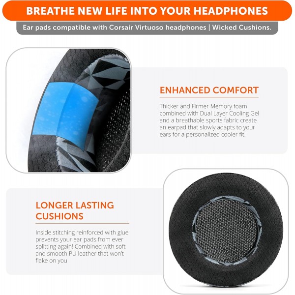 Corsair Virtuoso RGB Wireless, Corsair Virtuoso RGB Wireless XT 및 Corsair Virtuoso Wireless SE | Geo Gray와 호환되는 냉각 젤이 있는 WC Freeze Virtuoso 하이브리드 패브릭 교체용 이어 패드 |