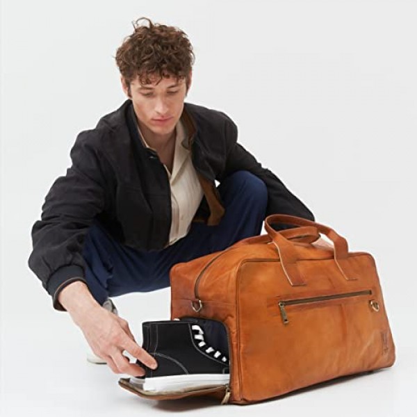 베를리너 백 빈티지 위켄더 Austin XL, 가죽 신발 수납칸 포함, 여성 및 남성용 여행 가방 - 브라운 브라운 Xl
