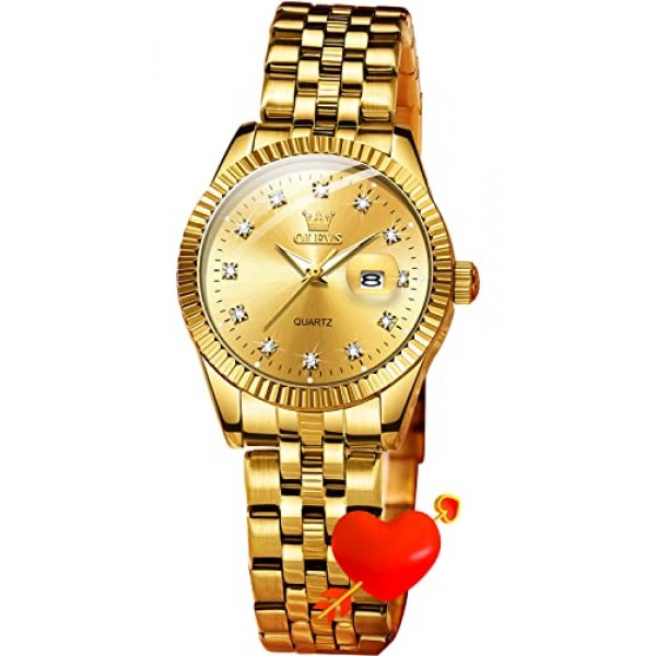 OLEVS 여성용 시계 다이아몬드 럭셔리 드레스 골드 손목 시계 스테인레스 스틸 방수 축광 날짜