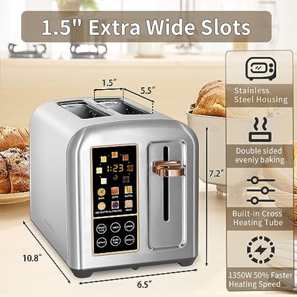 SEEDEEM 토스터 2슬라이스, 스테인리스 토스터 LCD 디스플레이 및 터치 버튼, 50% 더 빠른 가열 속도, 6가지 빵 선택, 7가지 갓 설정, 1.5''와이드 슬롯, 탈착식 빵 부스러기 