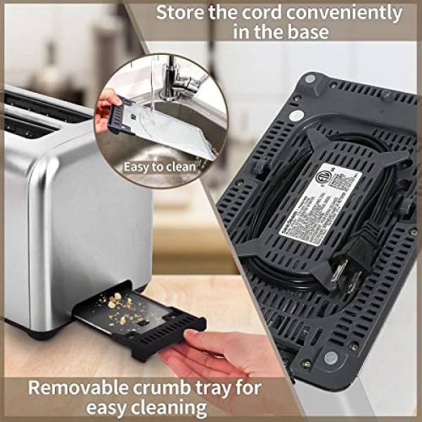 SEEDEEM 토스터 2슬라이스, 스테인리스 토스터 LCD 디스플레이 및 터치 버튼, 50% 더 빠른 가열 속도, 6가지 빵 선택, 7가지 갓 설정, 1.5''와이드 슬롯, 탈착식 빵 부스러기 