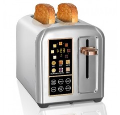 SEEDEEM 토스터 2슬라이스, 스테인리스 토스터 LCD 디스플레이 및 터치 버튼, 50% 더 빠른 가열 속도, 6가지 빵 선택, 7가지 갓 설정, 1.5''와이드 슬롯, 탈착식 빵 부스러기 