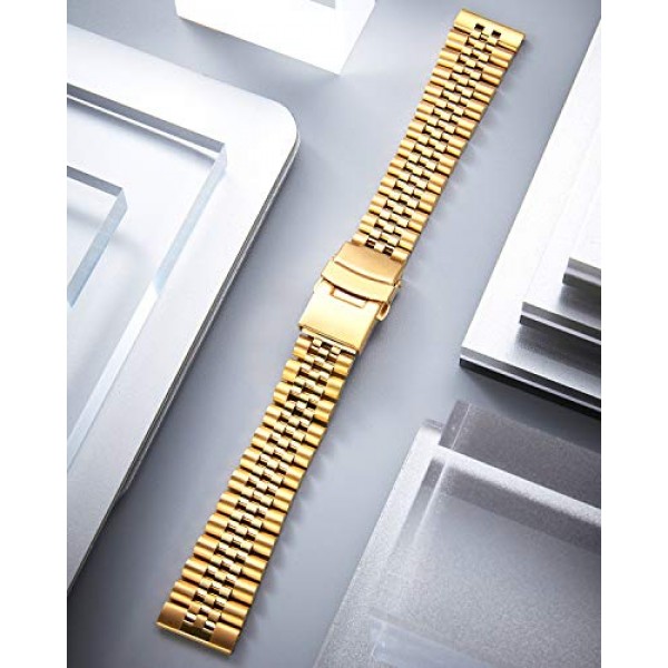 BINLUN 스테인레스 스틸 시계 밴드 교체용 금속 시계 스트랩(남성용 이중 잠금 접이식 걸쇠 포함) 18mm 20mm 22mm 24mm 26mm 실버, 골드, 블랙, 로즈 골드, 2톤