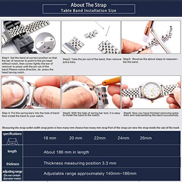 BINLUN 스테인레스 스틸 시계 밴드 교체용 금속 시계 스트랩(남성용 이중 잠금 접이식 걸쇠 포함) 18mm 20mm 22mm 24mm 26mm 실버, 골드, 블랙, 로즈 골드, 2톤