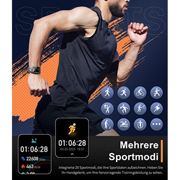 LIGE 스마트워치 안드로이드 및 iOS용 남성용 블루투스 통화 음악 음성 채팅 350mAh 스마트워치 1.85인치 터치스크린 스포츠 피트니스 트래커 흑인 남성 스마트워치 심박