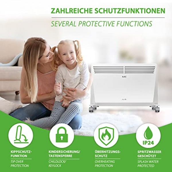 Ballu Heat Max 대류 히터, 전기 라디에이터 1500W, 난방 전기 벽 히터, 바퀴 위의 스탠딩 장치, 주간 프로그램, 타이머, 전기 대류 히터