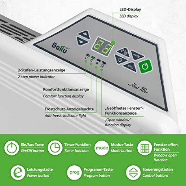 Ballu Heat Max 대류 히터, 전기 라디에이터 1500W, 난방 전기 벽 히터, 바퀴 위의 스탠딩 장치, 주간 프로그램, 타이머, 전기 대류 히터