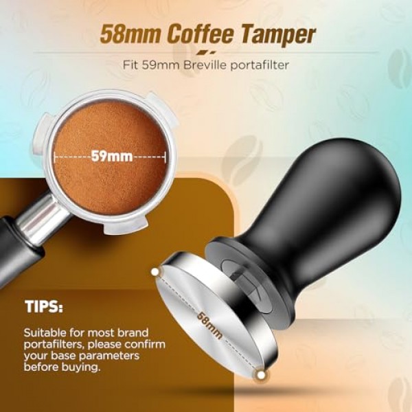 58mm 에스프레소 커피 탬퍼 세트 - 보정된 스프링 장착 에스프레소 탬퍼 304 스테인레스 스틸 그라운드 탬퍼는 Breville Portafilter에 적합 바리스타 홈 커피용 에스프레소 