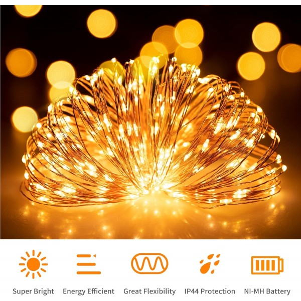 [2 팩] Koopower 100 LEDs Solar Fairy Lights with Backup AA Battery for Rainy Days, Copper String Lights Warm White (10m String, 1m 케이블, 배터리 포함)
