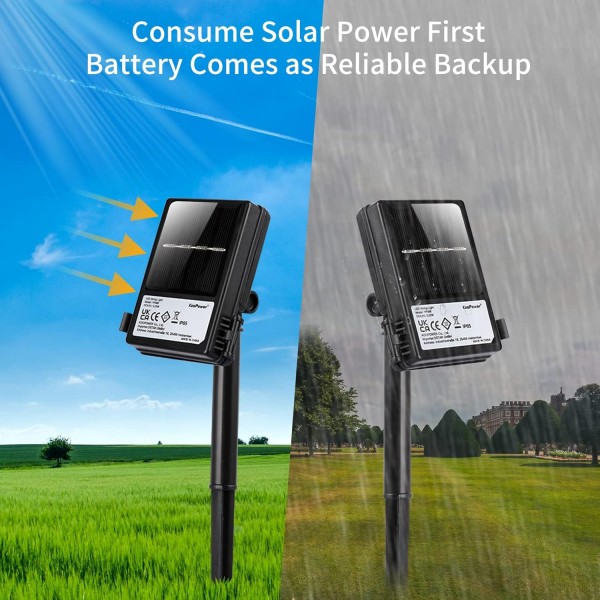 [2 팩] Koopower 100 LEDs Solar Fairy Lights with Backup AA Battery for Rainy Days, Copper String Lights Warm White (10m String, 1m 케이블, 배터리 포함)