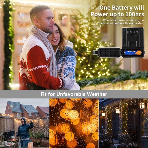 [2 팩] Koopower 100 LEDs Solar Fairy Lights with Backup AA Battery for Rainy Days, Copper String Lights Warm White (10m String, 1m 케이블, 배터리 포함)