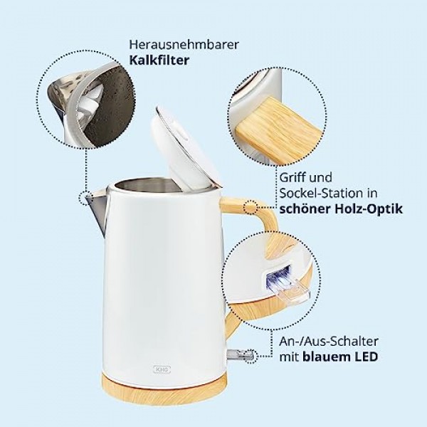 KHG 주전자 WK-1716 WWD 화이트 우드 스칸디 룩, 용량 1.7리터, 파란색 LED 스위치, 자동 차단, 끓는 물 건조 방지, 물때 필터, 360° 베이스, 은폐형 발열체, 2200W