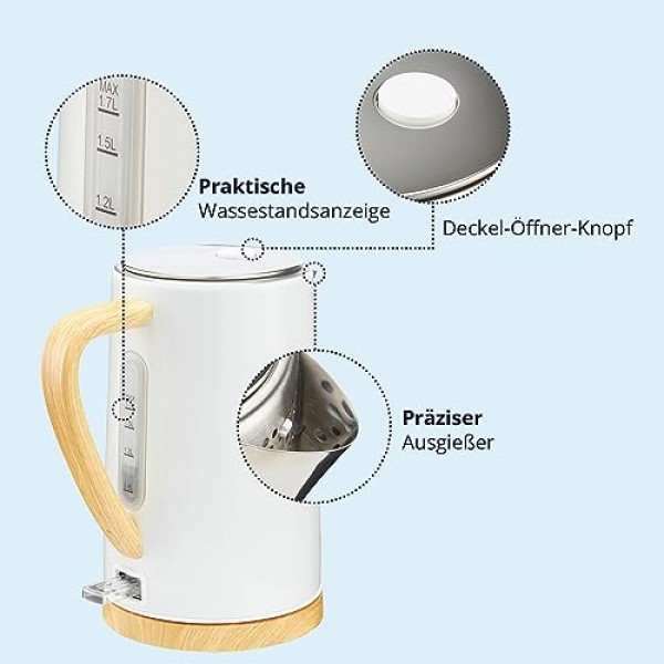 KHG 주전자 WK-1716 WWD 화이트 우드 스칸디 룩, 용량 1.7리터, 파란색 LED 스위치, 자동 차단, 끓는 물 건조 방지, 물때 필터, 360° 베이스, 은폐형 발열체, 2200W