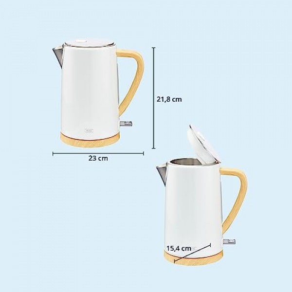 KHG 주전자 WK-1716 WWD 화이트 우드 스칸디 룩, 용량 1.7리터, 파란색 LED 스위치, 자동 차단, 끓는 물 건조 방지, 물때 필터, 360° 베이스, 은폐형 발열체, 2200W