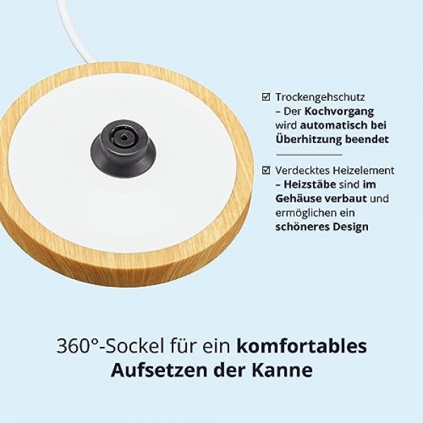 KHG 주전자 WK-1716 WWD 화이트 우드 스칸디 룩, 용량 1.7리터, 파란색 LED 스위치, 자동 차단, 끓는 물 건조 방지, 물때 필터, 360° 베이스, 은폐형 발열체, 2200W
