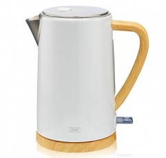 KHG 주전자 WK-1716 WWD 화이트 우드 스칸디 룩, 용량 1.7리터, 파란색 LED 스위치, 자동 차단, 끓는 물 건조 방지, 물때 필터, 360° 베이스, 은폐형 발열체, 2200W