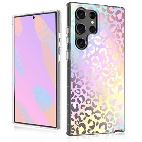 MYBAT PRO 삼성 갤럭시 S23 울트라 케이스용 슬림 귀여운 케이스 6.8인치, 무드 시리즈 여성용 투명 세련된 글리터 충격 방지 비황색 보호 커버 여성용, 홀로그램 레오파드