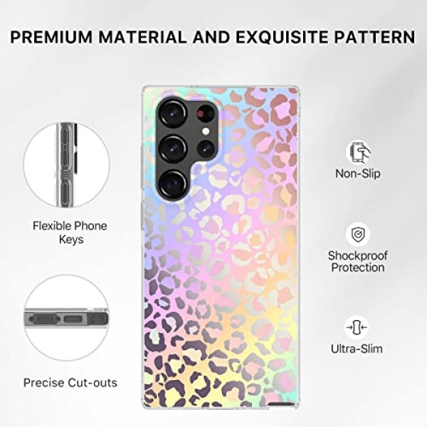 MYBAT PRO 삼성 갤럭시 S23 울트라 케이스용 슬림 귀여운 케이스 6.8인치, 무드 시리즈 여성용 투명 세련된 글리터 충격 방지 비황색 보호 커버 여성용, 홀로그램 레오파드