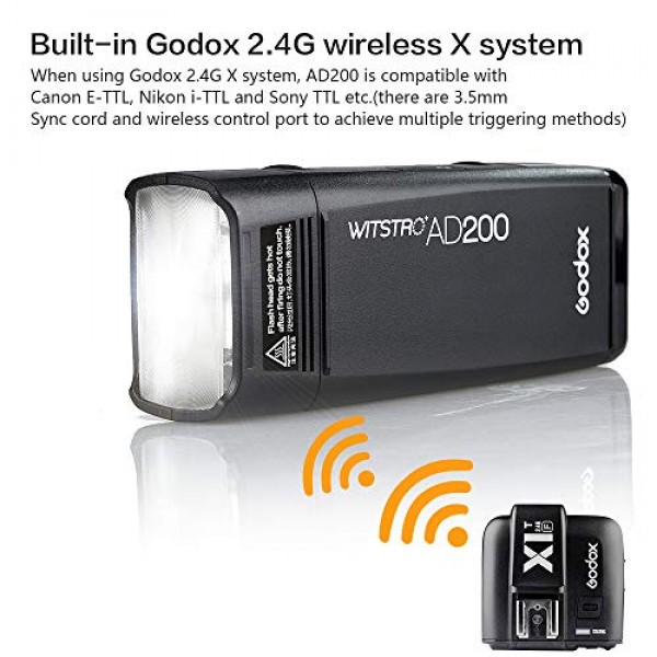 GODOX AD200 포켓 플래시 스피드라이트 200Ws 1/8000s HSS 무선 모노라이트 키트, 500개의 최대 파워 포켓 플래시, 0.01-2.1s 재활용, 전구/스피드라이트 플래시 헤드, 2900mAh 충전