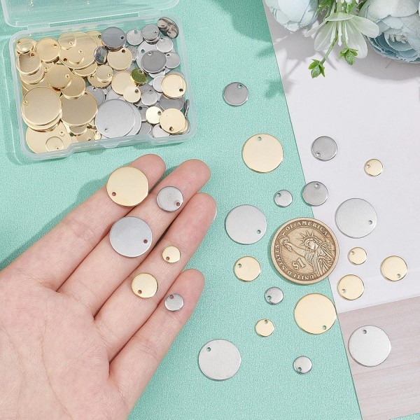 DICOSMETIC 120pcs 2 색 3 크기 7/10/16mm 빈 스탬프 펜 던 트 스탬프 태그 펜 던 트 DIY 팔찌 귀걸이 목걸이 쥬얼리에 대 한 골드 톤 스테인레스 스틸 플랫 라운드 매력 2 Colors-3 S