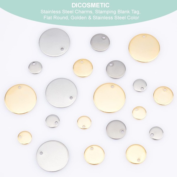 DICOSMETIC 120pcs 2 색 3 크기 7/10/16mm 빈 스탬프 펜 던 트 스탬프 태그 펜 던 트 DIY 팔찌 귀걸이 목걸이 쥬얼리에 대 한 골드 톤 스테인레스 스틸 플랫 라운드 매력 2 Colors-3 S