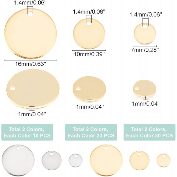 DICOSMETIC 120pcs 2 색 3 크기 7/10/16mm 빈 스탬프 펜 던 트 스탬프 태그 펜 던 트 DIY 팔찌 귀걸이 목걸이 쥬얼리에 대 한 골드 톤 스테인레스 스틸 플랫 라운드 매력 2 Colors-3 S