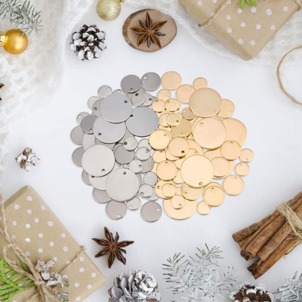 DICOSMETIC 120pcs 2 색 3 크기 7/10/16mm 빈 스탬프 펜 던 트 스탬프 태그 펜 던 트 DIY 팔찌 귀걸이 목걸이 쥬얼리에 대 한 골드 톤 스테인레스 스틸 플랫 라운드 매력 2 Colors-3 S