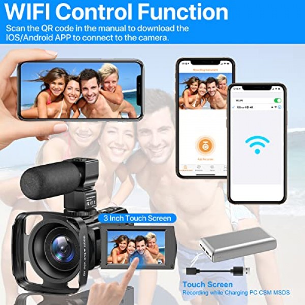 4K 비디오 카메라 캠코더 YouTube용 48MP UHD WiFi IR 야간 투시경 블로깅 카메라 16X 디지털 줌 터치스크린 카메라 레코더(마이크, 손 안정 장치, 렌즈 후드, 리모콘, 2개 포함)