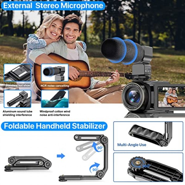 4K 비디오 카메라 캠코더 YouTube용 48MP UHD WiFi IR 야간 투시경 블로깅 카메라 16X 디지털 줌 터치스크린 카메라 레코더(마이크, 손 안정 장치, 렌즈 후드, 리모콘, 2개 포함)