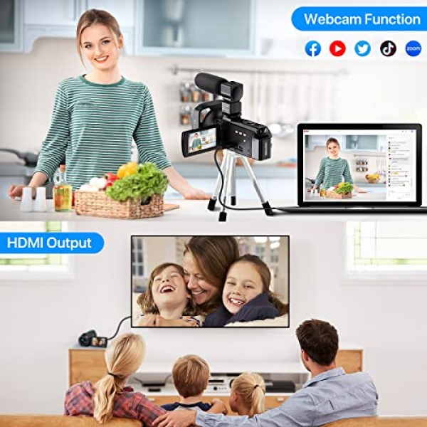 4K 비디오 카메라 캠코더 YouTube용 48MP UHD WiFi IR 야간 투시경 블로깅 카메라 16X 디지털 줌 터치스크린 카메라 레코더(마이크, 손 안정 장치, 렌즈 후드, 리모콘, 2개 포함)