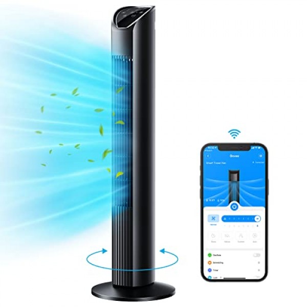 Govee WiFi 타워 팬, 기둥 팬, 97cm, 75° Alexa 및 Google 어시스턴트 지원 진동 바닥 팬, 8가지 속도, 3가지 환기 모드, 앱 제어, 24시간 타이머, 저소음 검정색