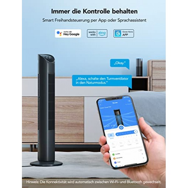 Govee WiFi 타워 팬, 기둥 팬, 97cm, 75° Alexa 및 Google 어시스턴트 지원 진동 바닥 팬, 8가지 속도, 3가지 환기 모드, 앱 제어, 24시간 타이머, 저소음 검정색
