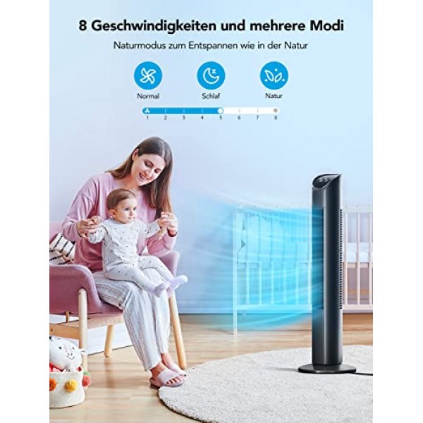 Govee WiFi 타워 팬, 기둥 팬, 97cm, 75° Alexa 및 Google 어시스턴트 지원 진동 바닥 팬, 8가지 속도, 3가지 환기 모드, 앱 제어, 24시간 타이머, 저소음 검정색