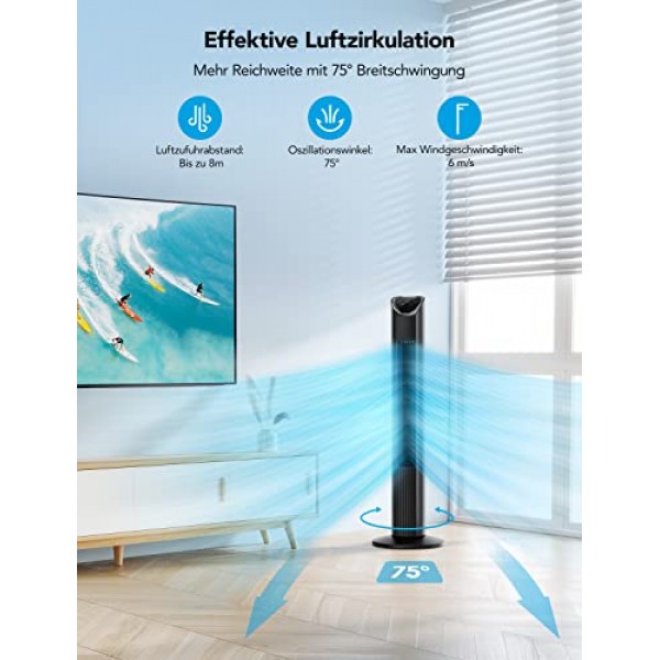 Govee WiFi 타워 팬, 기둥 팬, 97cm, 75° Alexa 및 Google 어시스턴트 지원 진동 바닥 팬, 8가지 속도, 3가지 환기 모드, 앱 제어, 24시간 타이머, 저소음 검정색