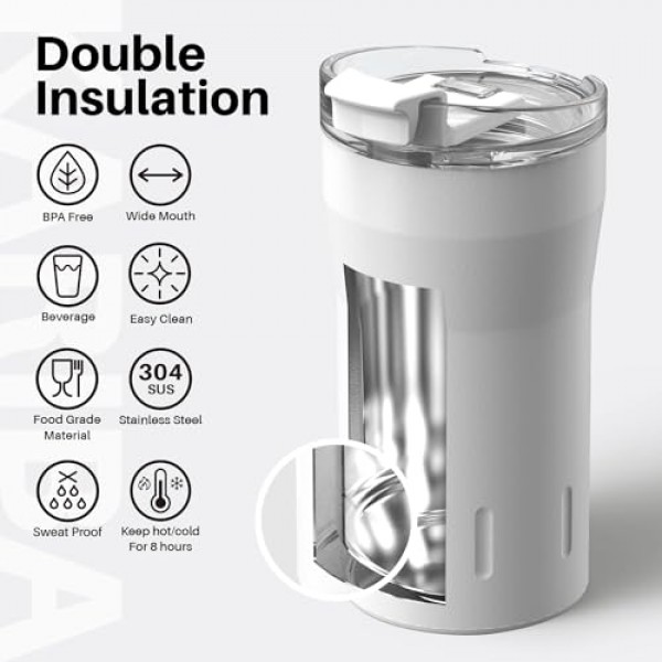 SANTECO 여행용 커피 머그 12온스, 플립 뚜껑이 있는 단열 커피 컵, 스테인레스 스틸 커피 머그 유출 방지, 이중 벽 진공 텀블러, 뜨거운/얼음 커피 차용 머그로 재사용 가