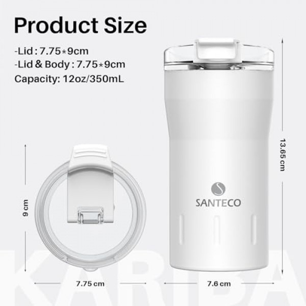 SANTECO 여행용 커피 머그 12온스, 플립 뚜껑이 있는 단열 커피 컵, 스테인레스 스틸 커피 머그 유출 방지, 이중 벽 진공 텀블러, 뜨거운/얼음 커피 차용 머그로 재사용 가
