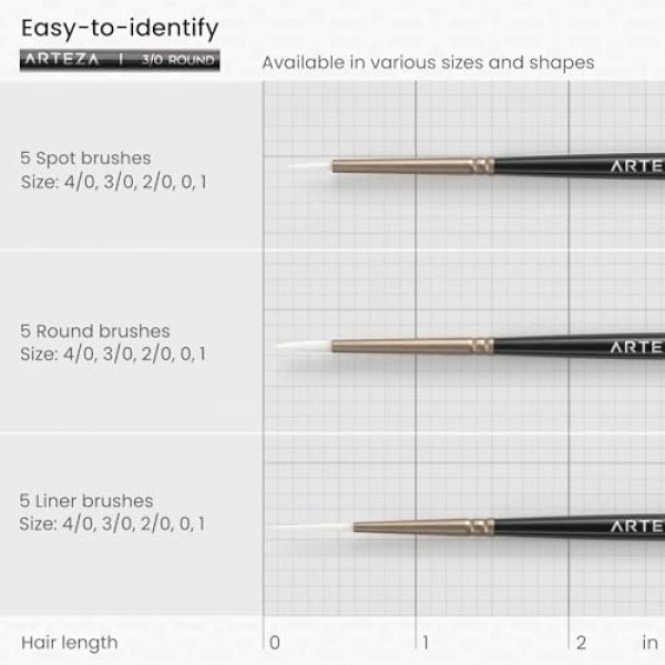 Arteza 디테일 페인트 브러시, 15개 세트, 미니어처 모델 및 캔버스용 미세 디테일 브러시 세트, 합성 강모, 세부 묘사, 가는 선 및 음영을 위한 소형 페인트 브러시