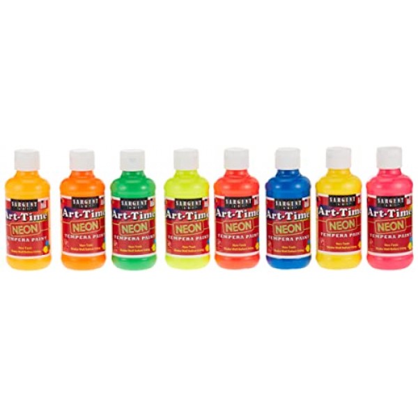 Sargent Art Neon Tempera 페인트 8 온스, 8 Fl Oz(8개 팩), 플립 캡 병 8개 8개