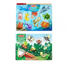 Melissa & Doug 자석 나무 퍼즐 게임 세트: 낚시 및 벌레 잡기 - 자석 게임, 3세 이상 유아 및 어린이를 위한 두툼한 동물 퍼즐