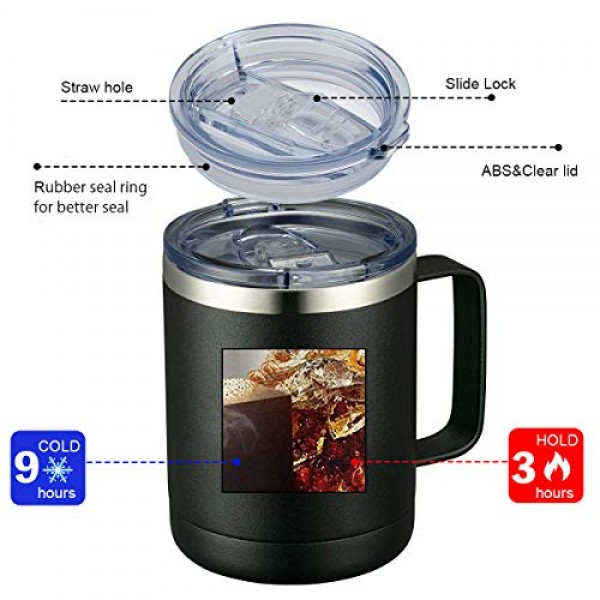 손잡이가 있는 MEWAY 12온스 커피 머그 4팩 벌크, 슬라이딩 뚜껑이 있는 스테인레스 스틸 절연 여행용 텀블러, 따뜻한 & 차가운 음료 차용 이중벽 진공 캠핑 컵(검은색, 4