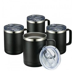 손잡이가 있는 MEWAY 12온스 커피 머그 4팩 벌크, 슬라이딩 뚜껑이 있는 스테인레스 스틸 절연 여행용 텀블러, 따뜻한 & 차가운 음료 차용 이중벽 진공 캠핑 컵(검은색, 4