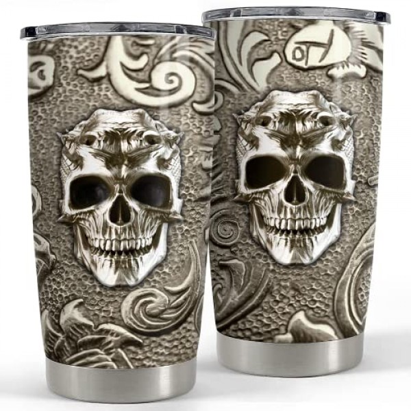 SANDJEST 해골 텀블러 바이킹 브론즈 드로잉 20온스 뚜껑 뚜껑이 있는 텀블러 남성용 아빠 가장 친한 친구 커피 애호가 크리스마스 생일 아버지의 날