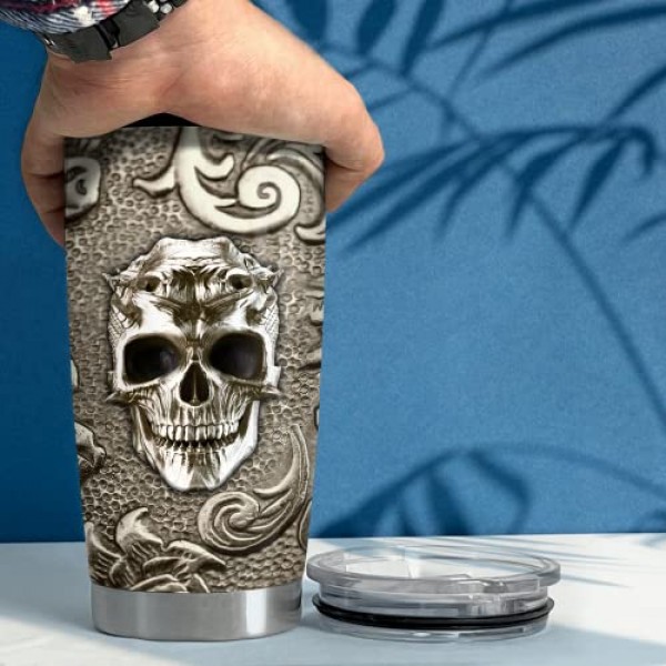 SANDJEST 해골 텀블러 바이킹 브론즈 드로잉 20온스 뚜껑 뚜껑이 있는 텀블러 남성용 아빠 가장 친한 친구 커피 애호가 크리스마스 생일 아버지의 날