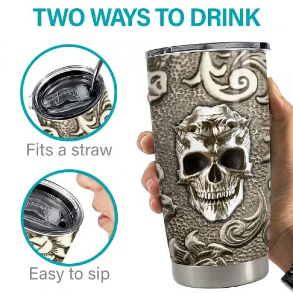 SANDJEST 해골 텀블러 바이킹 브론즈 드로잉 20온스 뚜껑 뚜껑이 있는 텀블러 남성용 아빠 가장 친한 친구 커피 애호가 크리스마스 생일 아버지의 날